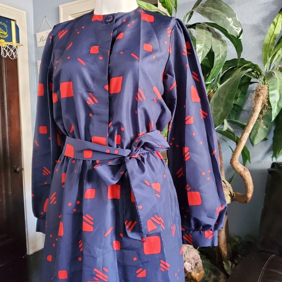 Vintage 80s Navy Blue & Red Abstract Geometric The Shirt Dress Puff Sleeves Midi - Picture 6 of 9